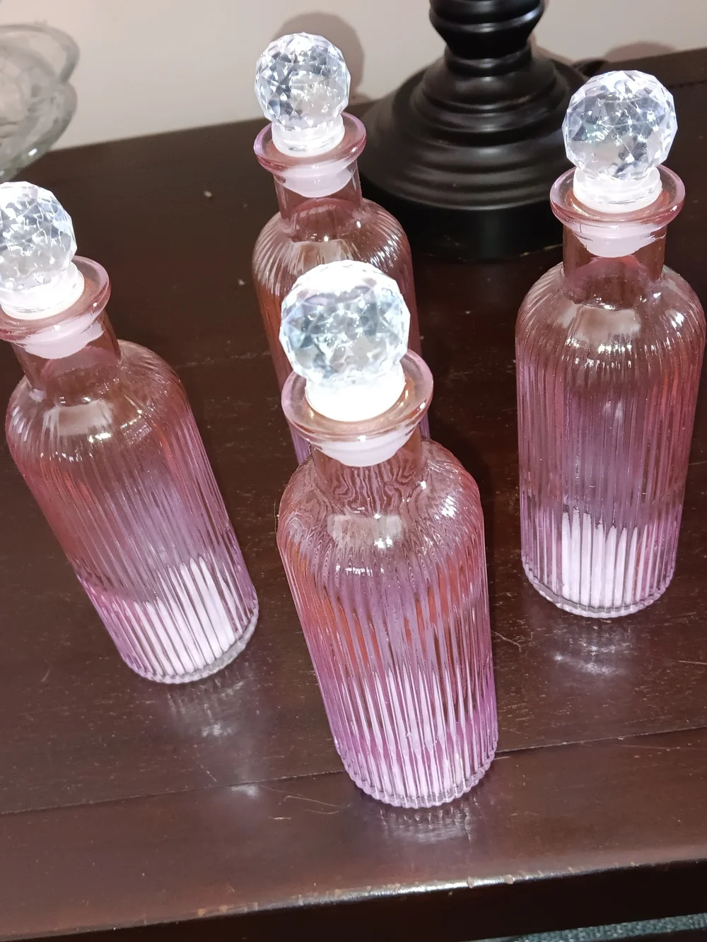 Unk Pink Glass Ribbed Vanity Bottles with Crystal Stoppers